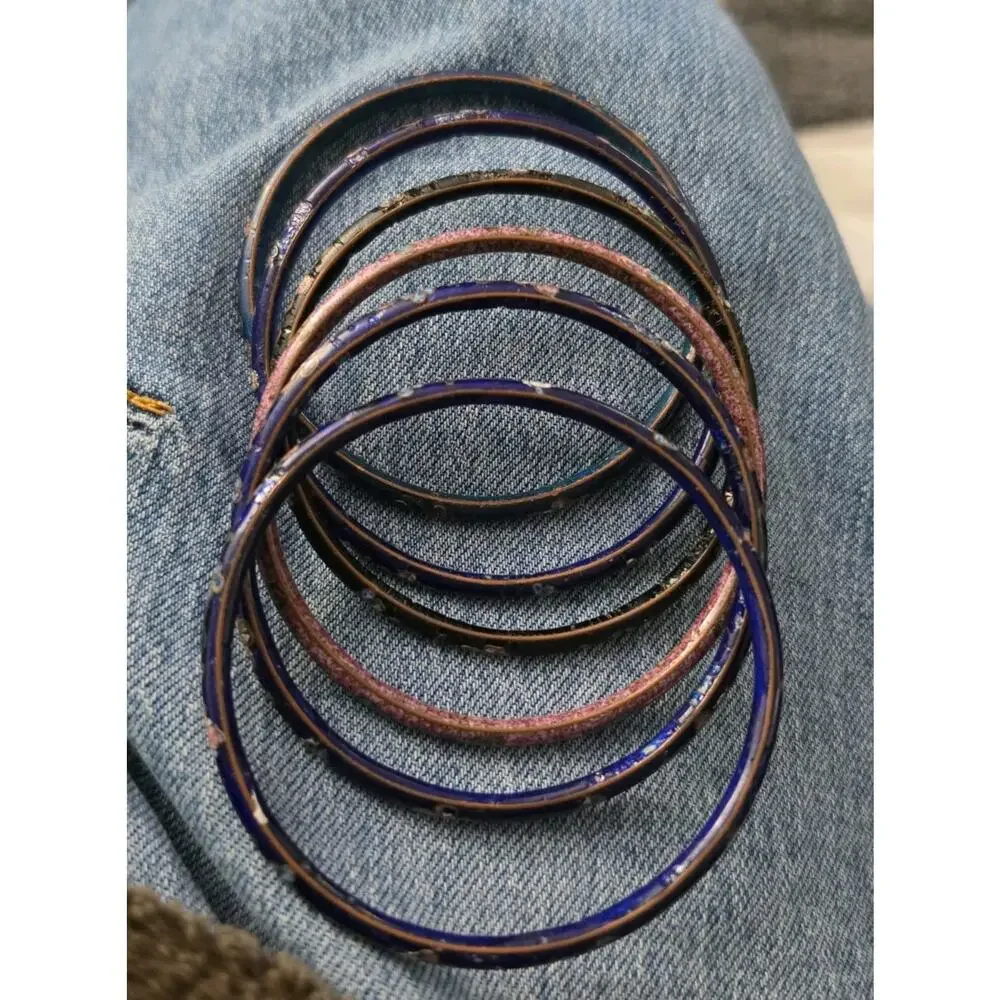 Vintage Cloisonne Enamel Floral Bracelets Set of 6 Multicolor Stackable 7.75